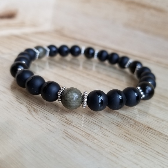 Gold Obsidian & Onyx Beaded Stretch Bracelet - Picture 4 of 6